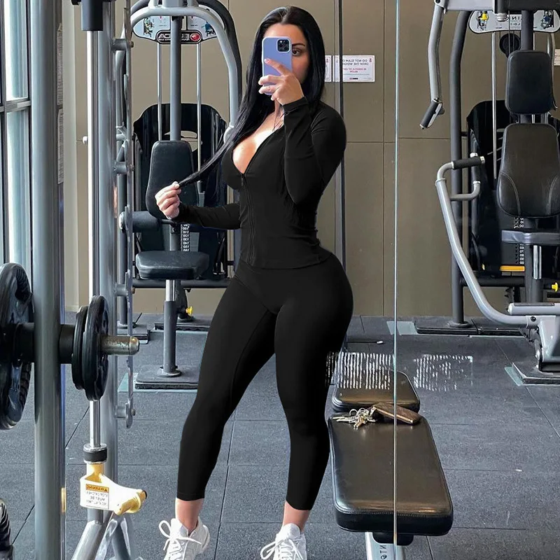 Pant Set Women Two Piece Sets Full Sleeve Stand Collar Zipper Sweatshirts Coats Long Pants Sheath Yoga Sports Suit Sportswear