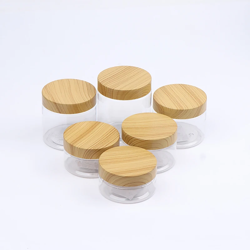 1Pc Empty Clear Pet Jars Containers With Imitation Wood Texture Lids Jar Home Plastic Seasoning Bottle