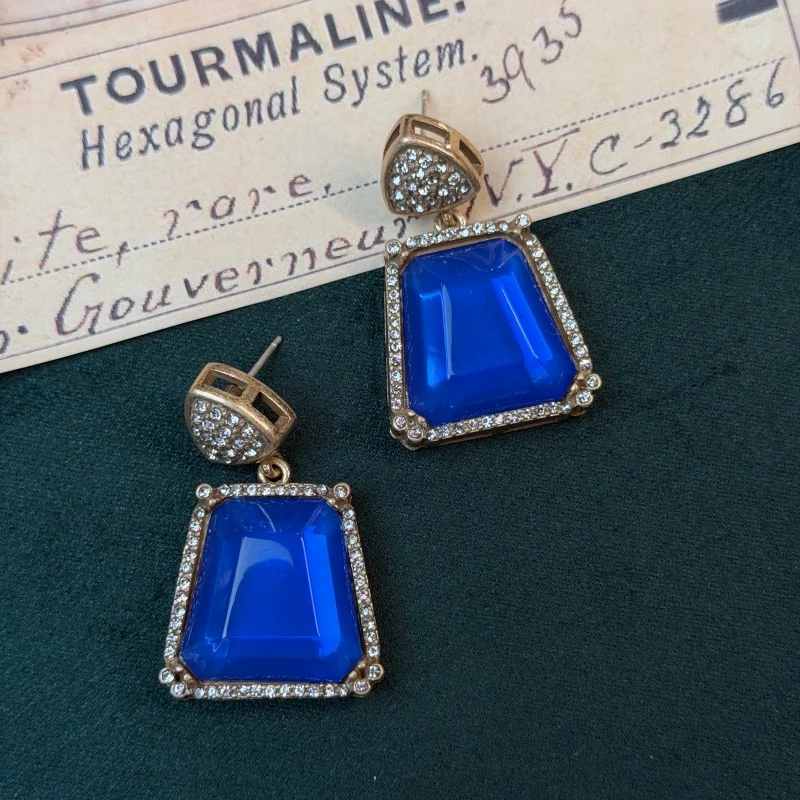 

Vintage Alien Blue Glazed Pendant With Rhinestone Studded Earrings Gold Color Trendy Art Deco Square Jewelry Luxury Brand Gift