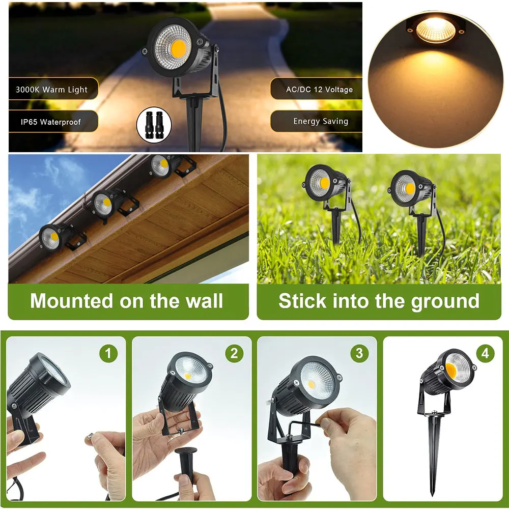 Faretto da giardino a LED per esterni 5W Bianco caldo 3000K Faretto da paesaggio con punta 12V 24V con connettore per illuminazione da giardino