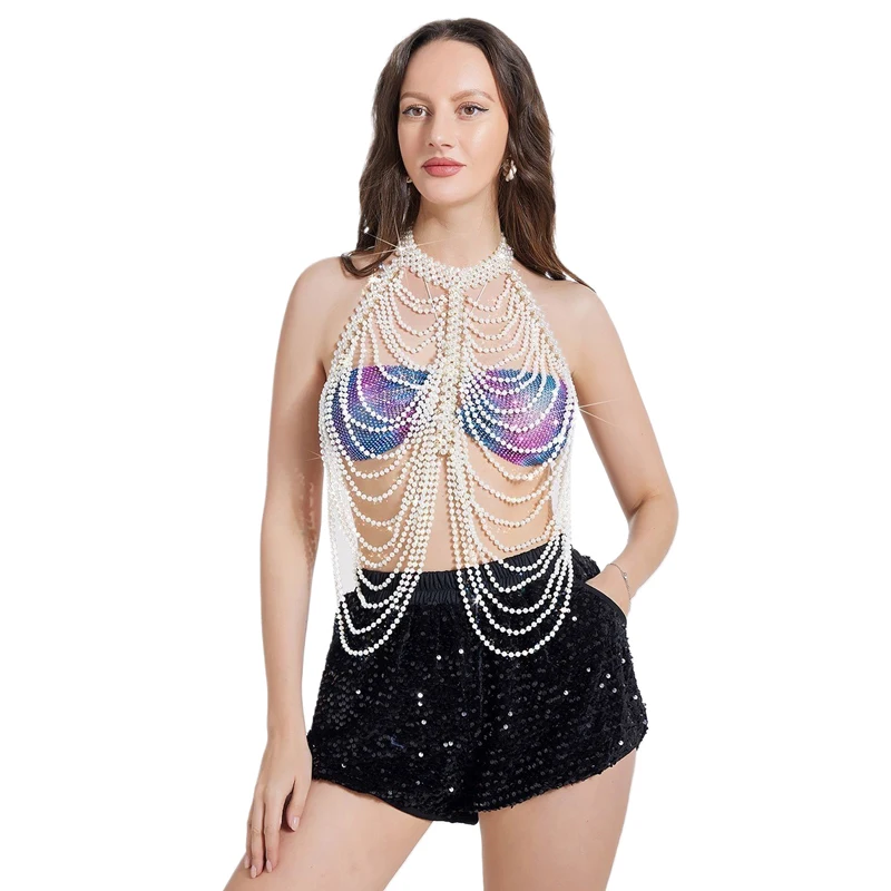 Unisex Halter Y2K Crop Top Perlen-Mehrschichtige Körperkette Sexy Kleidung für Männer Halskette Halloween Party Festival Vintage Übergroß – Detail 5