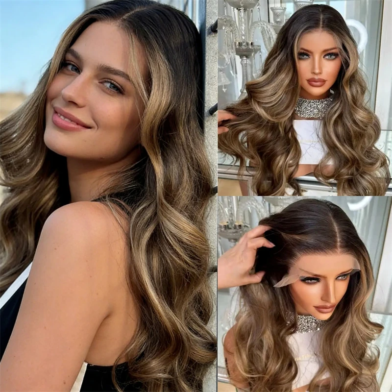 

Мягкий парик с волнистыми прядями омбре (коричневый-блонд) с HD-кружевной передней частью, высококачественный синтетический парик без клея, оптовая цена от производителя, женский парик