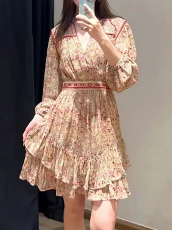 

High Waist Floral Print Dr with Ruffle Hem And Bubble Sves Spring Summer Autumn Vaion Sle A-Line Skirt