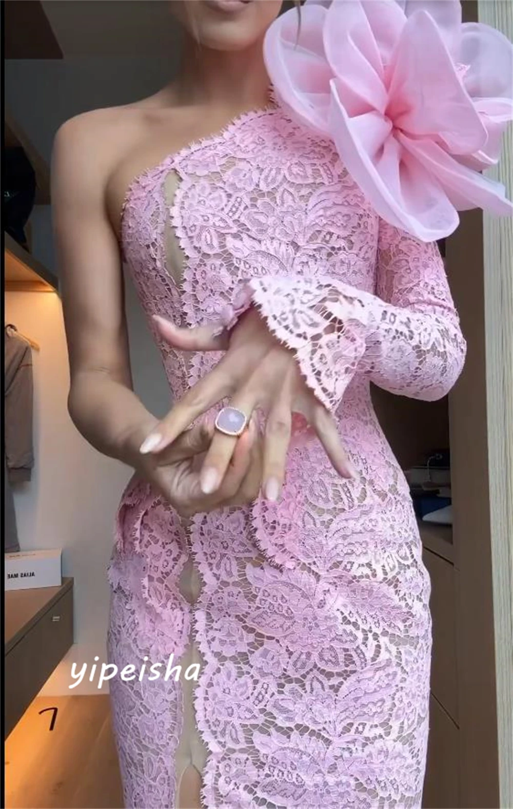 Robe de soirée en dentelle froncée à fleurs personnalisées, robes mi-longues à une épaule, robes de Noël décontractées sexy, occasion sur mesure