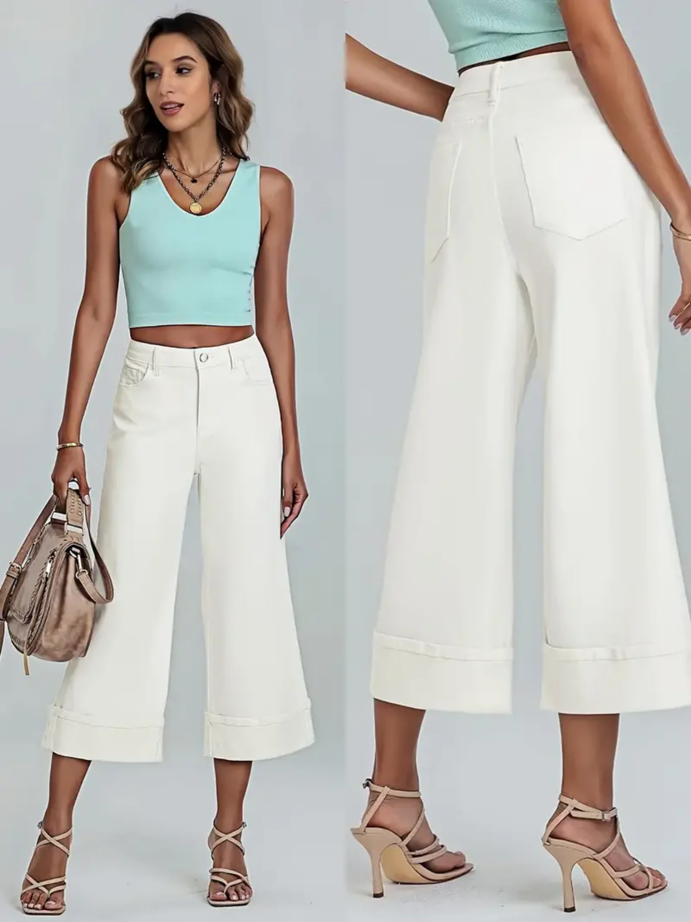 White Cuffed High Waist Wide Leg Loose Slim Simple Commuter Casual Women's Jeans