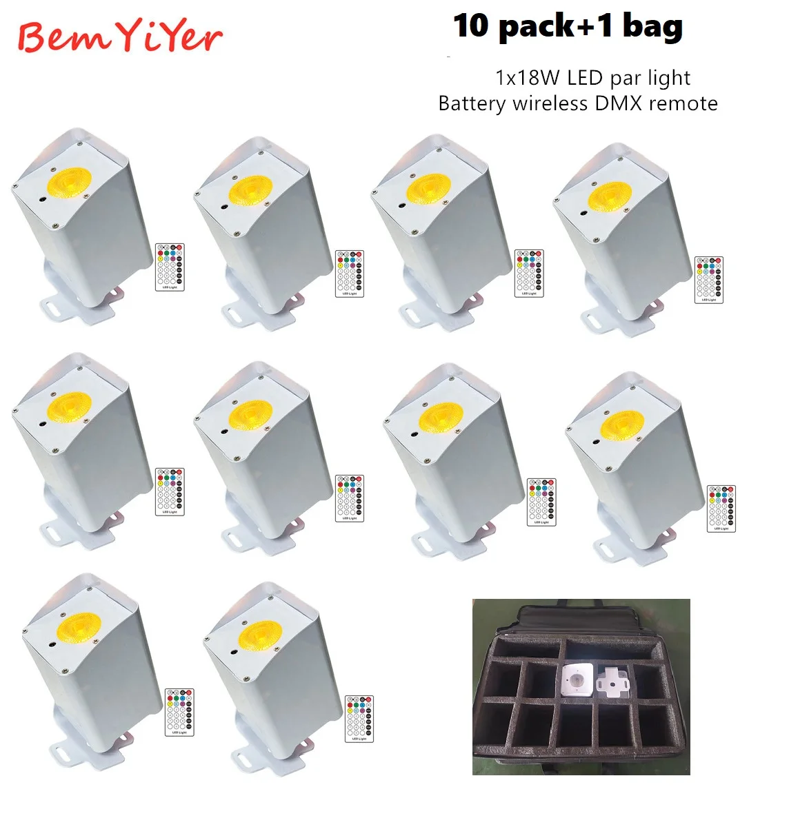 

BemYiYer 10pack 1bag Battery operated LED Pin spot 18W Par light Wireless DMX IR uplighting for DJ wedding events/RGBWA+UV 6in1