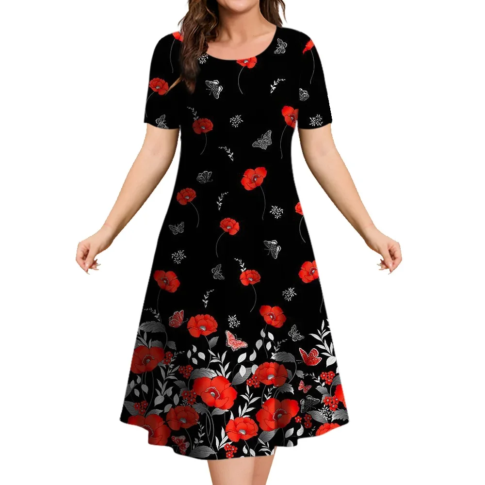 2024 New Floral Graphic Print Women's Dresses Elegant Short Sleeve O-Neck Loose Mini Dresses Summer Plus Size Female Clothing