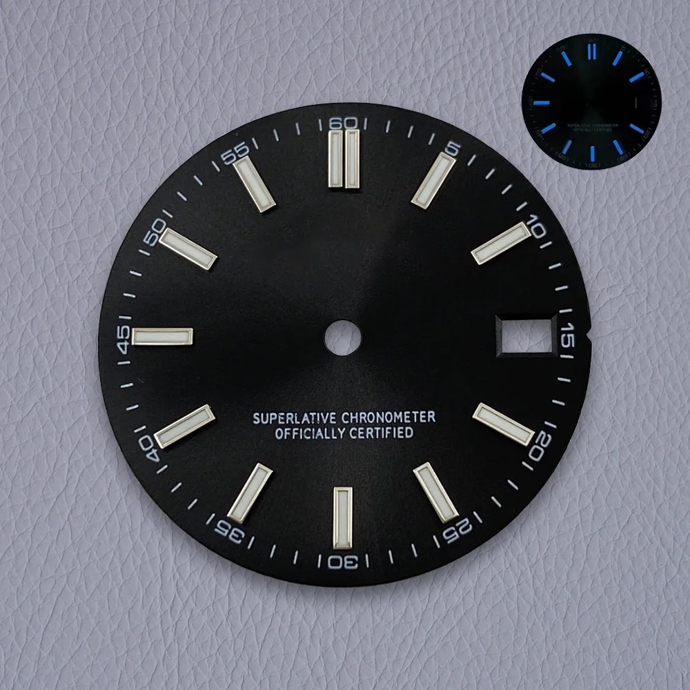 28.5mm S 로고 햇살 다이얼 NH35/NH36/4R 일본 무브먼트 블루 빛나는 고품질 다이얼 시계 수정 액세서리