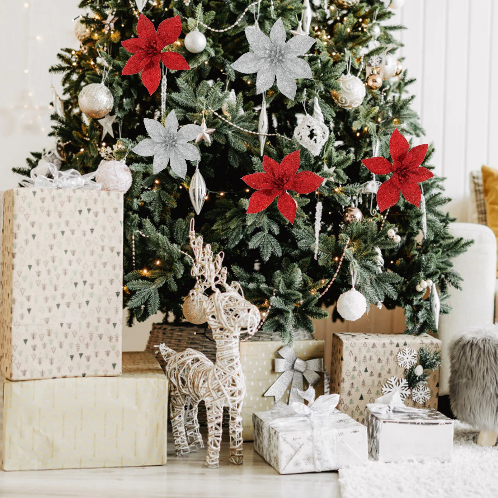 

10Pcs Xmas Tree Fake Flower Glitter Artificial Flower Christmas Hanging Pendant Holiday Table Setting Supply Christmas Floral