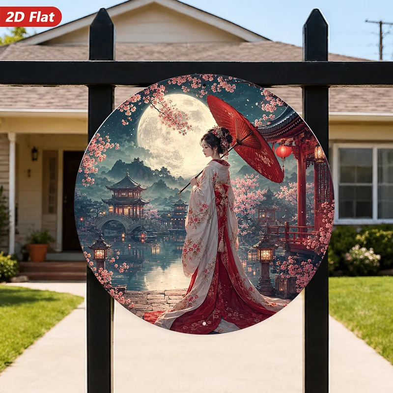2D Flat, 1pc Round Metal Sign Wall Art, Japanese-Style Geisha Home Decor, Cherry Blossoms, Moonlit Landscape, Traditional Archit