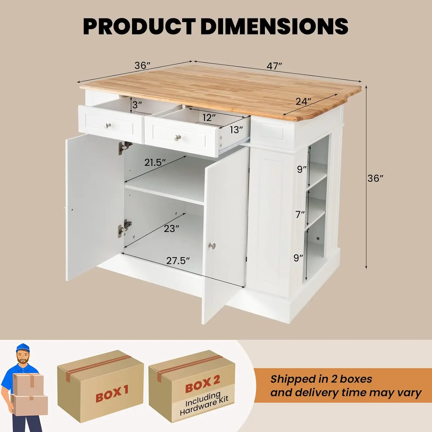 LOKO-Armoire de rangement avec plateau en bois de caoutchouc, îlot de cuisine avec cuir chevelu tombant, 2 égouts de proximité, 5 étagères réglables et porte-épices