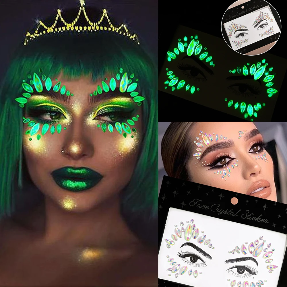 

3D New Luminous Face Gems Jewels Stick on Rhinestones Stickers Noctilucous Effect Glitter Crystal Makeup Face Body TattooSticker