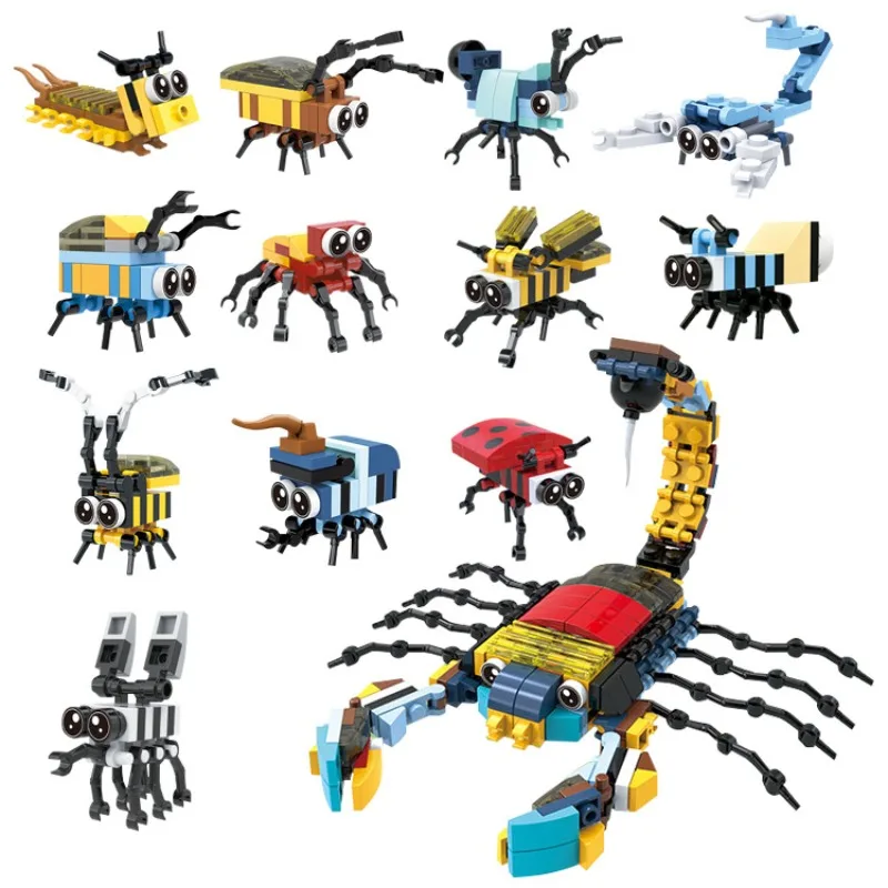 12pcs/set City Jungle Animals Zoo Insect Spider Dragonfly Ladybug Bee Model Building Blocks Bricks Collectible Kids Toys