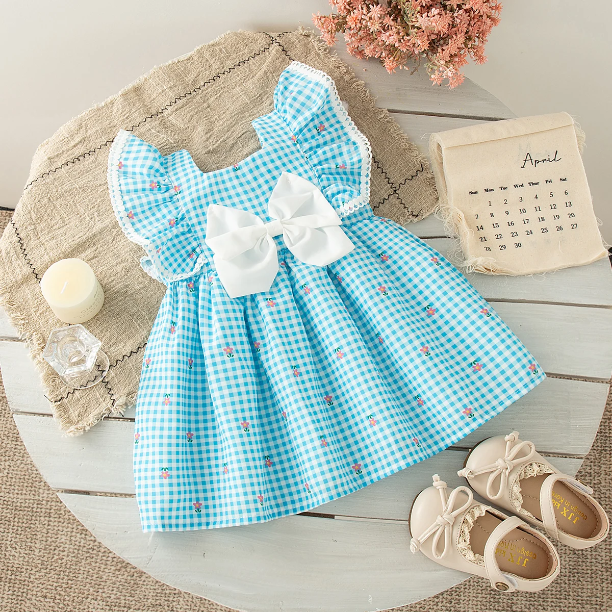 Summer New Blue Checkered Baby Girl Dress Small Red Flower Children'S Sleeveless Clothes (6 Months -3 Years Old)
