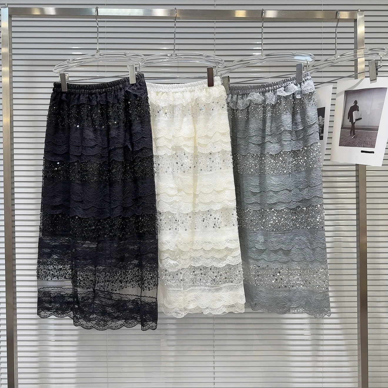 

iny Sequin Lace Splicing Midi Skirt f-length Cake Skirt Ele Ladylike Sle with Inner Medium Waist Design