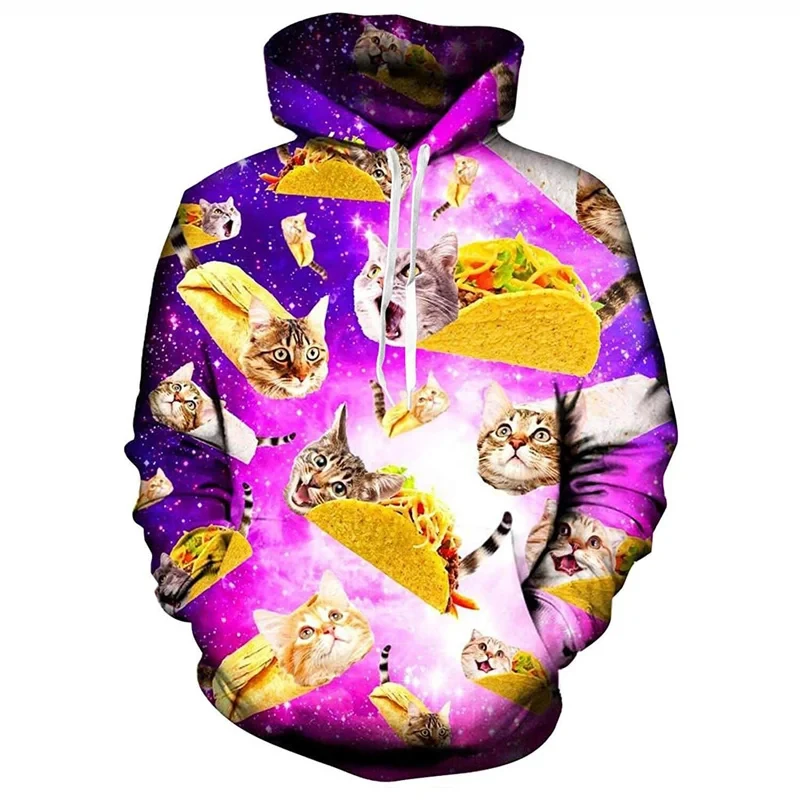 Galaxy Cat Riding Dinosaur Shark Graphic Hoodie Men Clothing Unisex 3D Print New in Hoodies Women Harajuku Fashion y2k Pullover