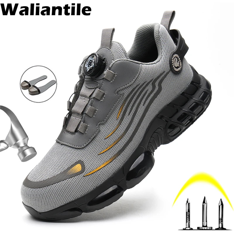 

Waliantile Lace Free Safety Shoes For Men Male Steel Toe Cap Anti-smash Industrial Work Boots Puncture Proof Indestructible Shoe