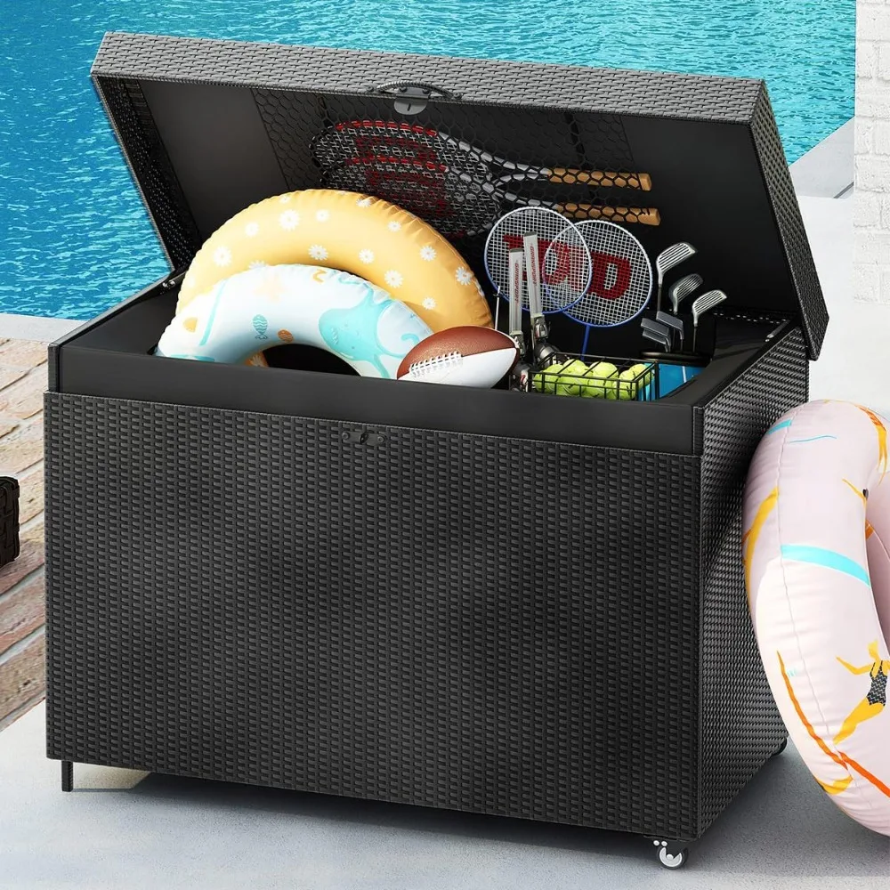 

230 gallon large lockable wicker deck box with wheels, waterproof outdoor storage box, rattan storage bin for patio furniture, o