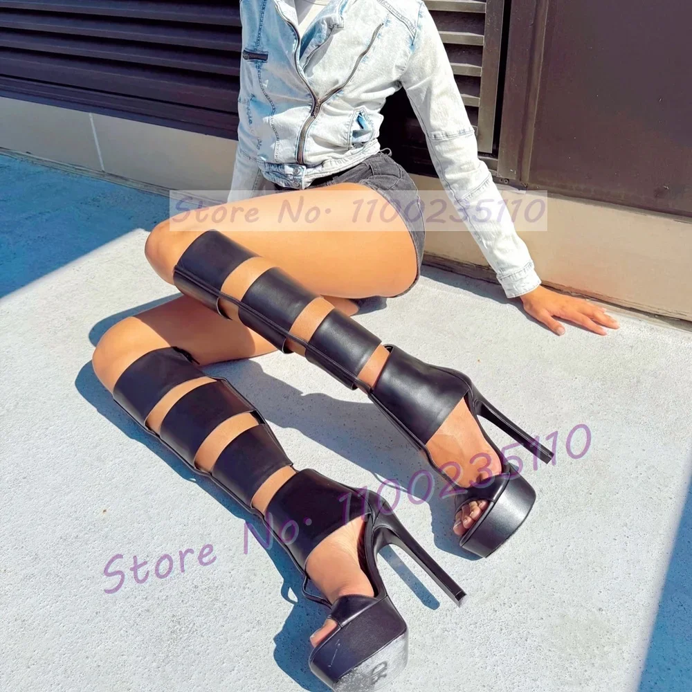 محبوس منصة الركبة عالية صندل أحذية النساء القصاصات T-حزام المصارع المفتوحة تو الصنادل السيدات أنيق عودة سستة خنجر الأحذية #3