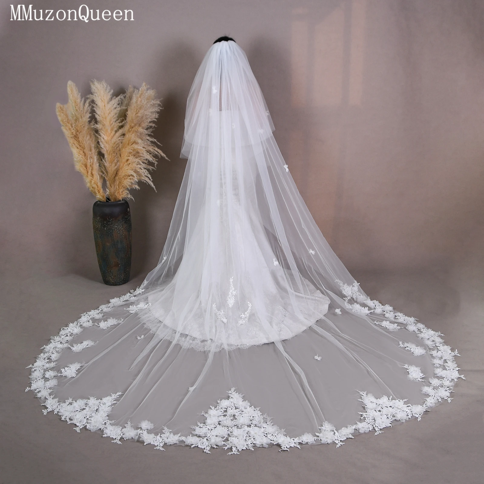 TOPQUEEN V150 Bridal Veil 3d Flower Veil Cathedral Length Applique Lace Wedding Veil White Ivory Long Veil Customizable