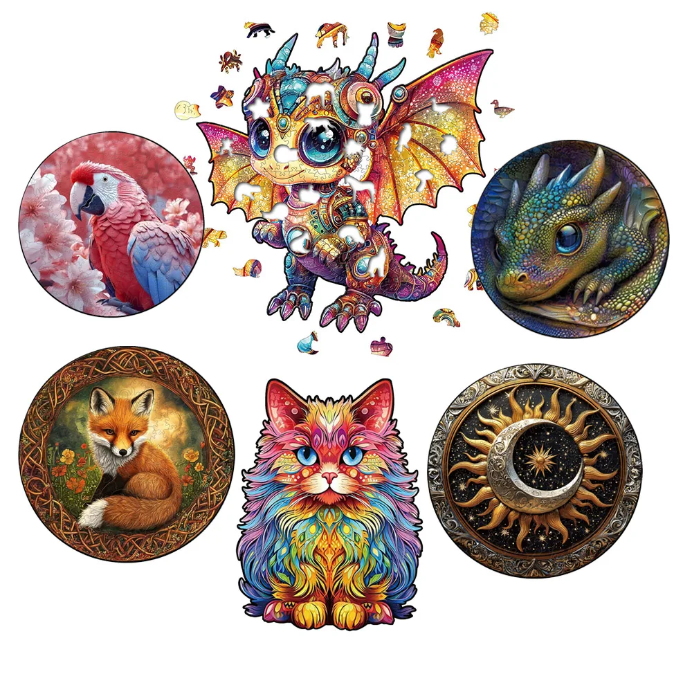 Wooden Animal Jigsaw Puzzle Irregular Unique Shape Puzzles Colorful Dragon Cat Educational Puzzle Toy for Adults Kids Home Decor