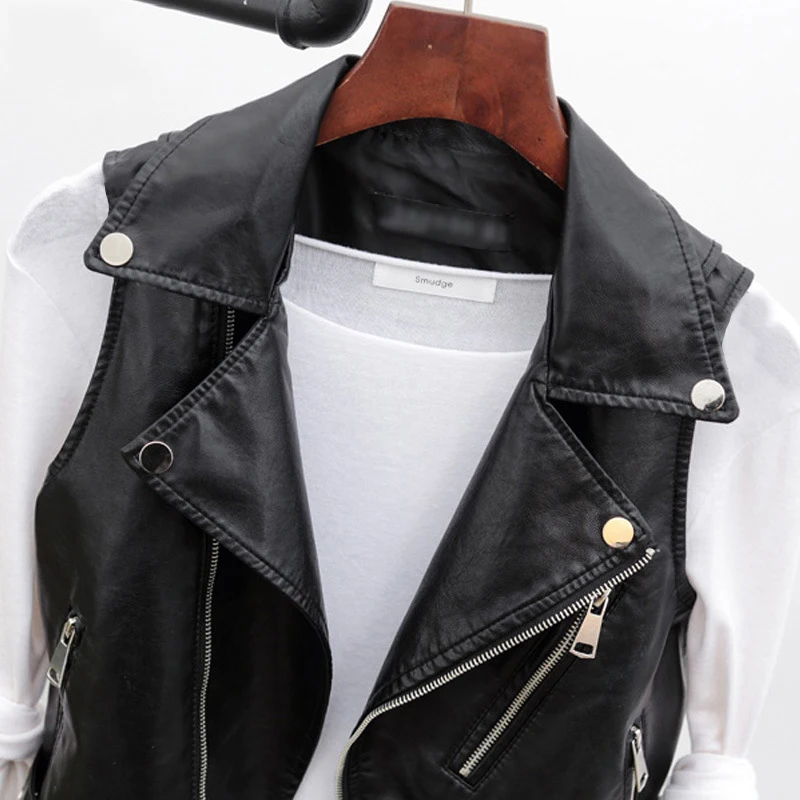 

Women PU Leather Vest Sleeveless Leather Y2K Style Jacket Spring Autumn New Shoulder Turn-down Collar with Belt Black Coat