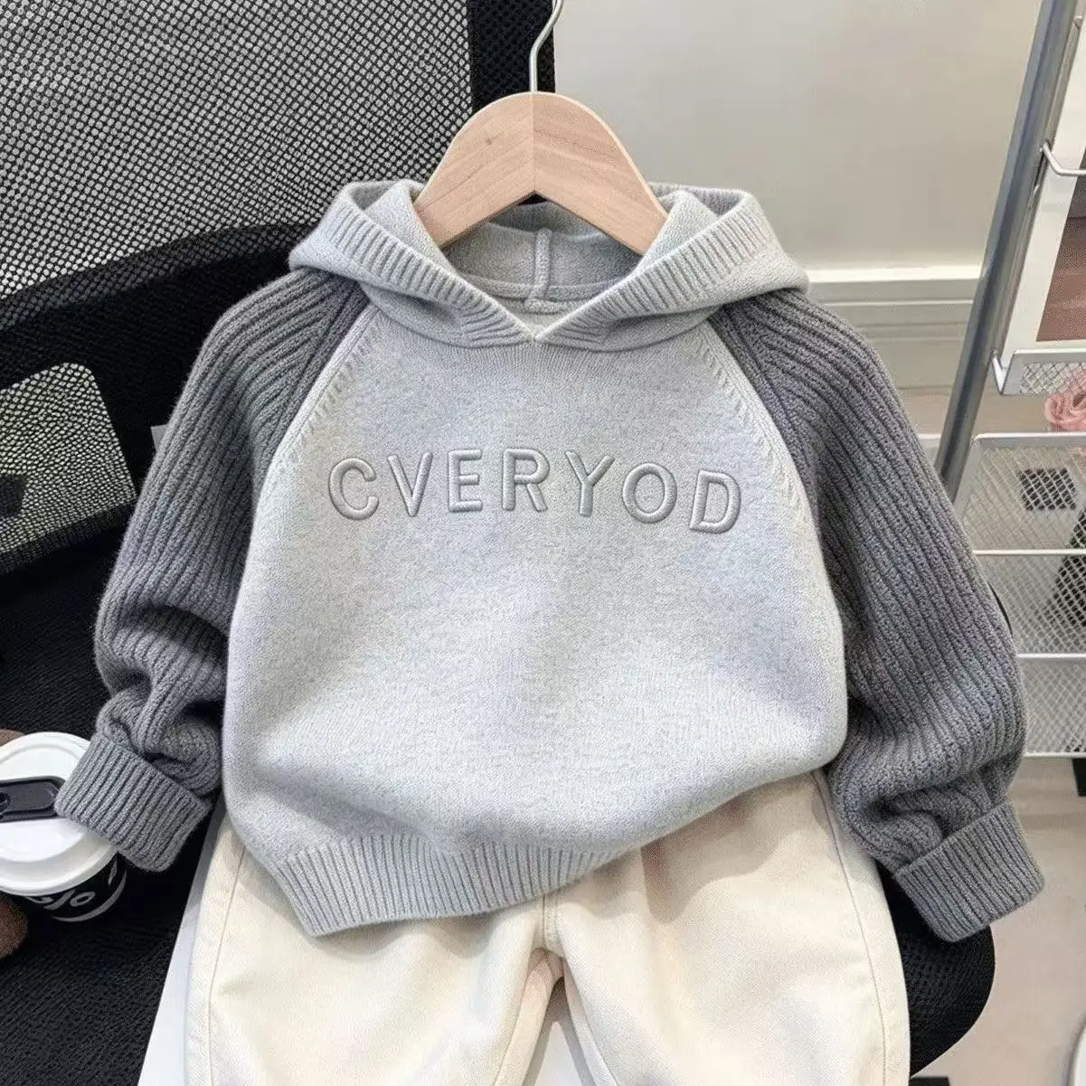 Korean Style Color Block Hooded Sweater Raglan Sleeve Letter Embroidery Knit Top Unisex Kids Autumn Winter