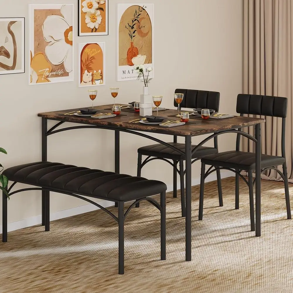 

4-Piece Dining Set: Upholstered Bench & 2 Chairs, Ideal for Small Spaces, Rustic Brown Finish