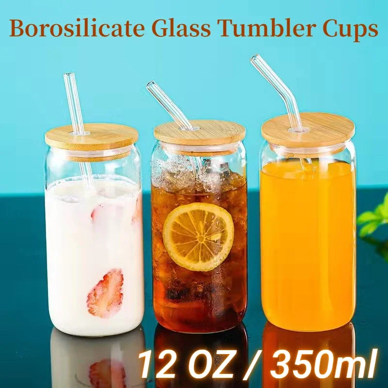 

12 OZ Drinking Glasses with Bamboo Lids & Straws,Borosilicate Glass Tumbler Cups,Tall Clear Iced Coffee Cups for Smoothie,Juice