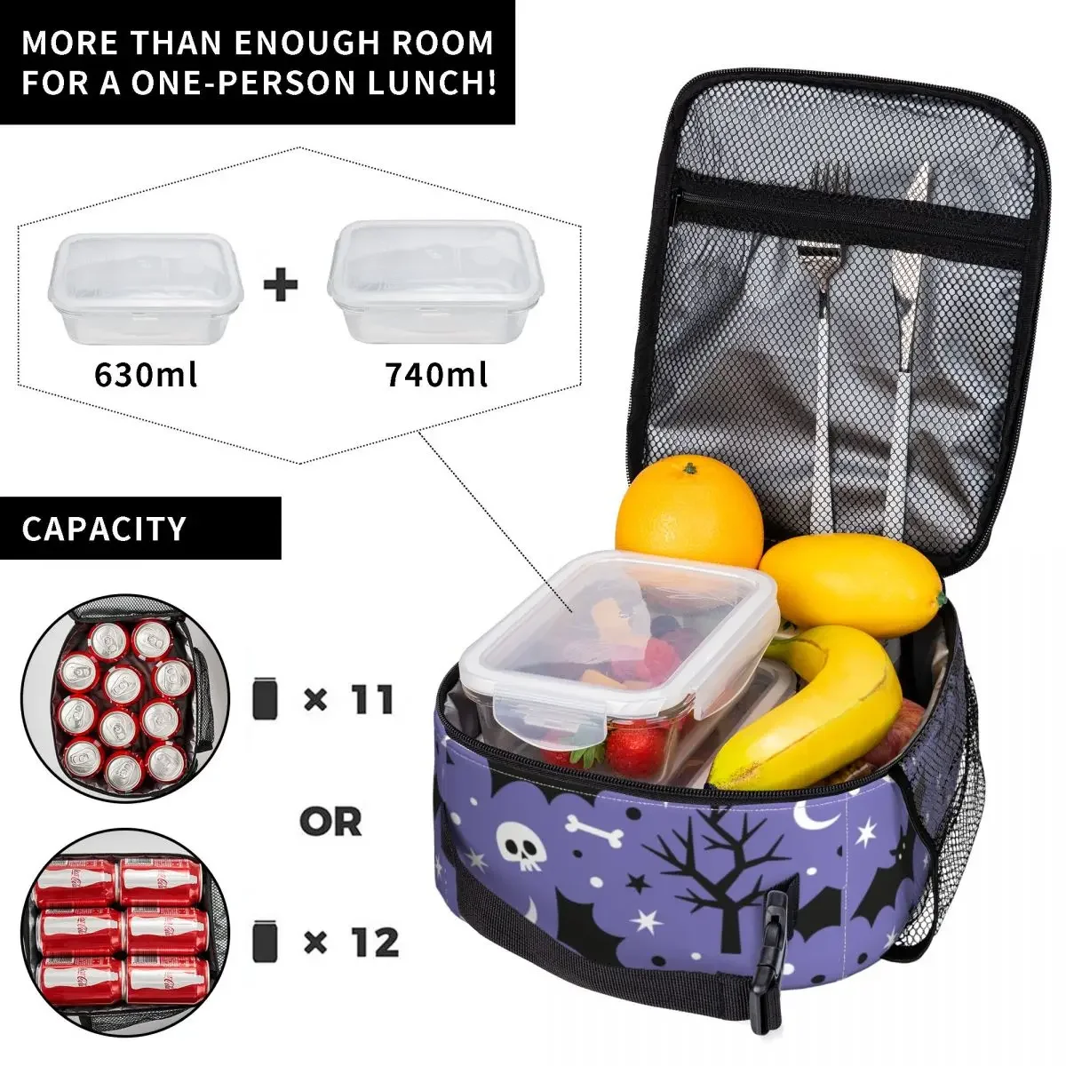 Halloween Spooky Bats Skull Portable Lunch Boxes for Women Goth Occult Witch Thermal Cooler Food Insulated Lunch Bag Kids School