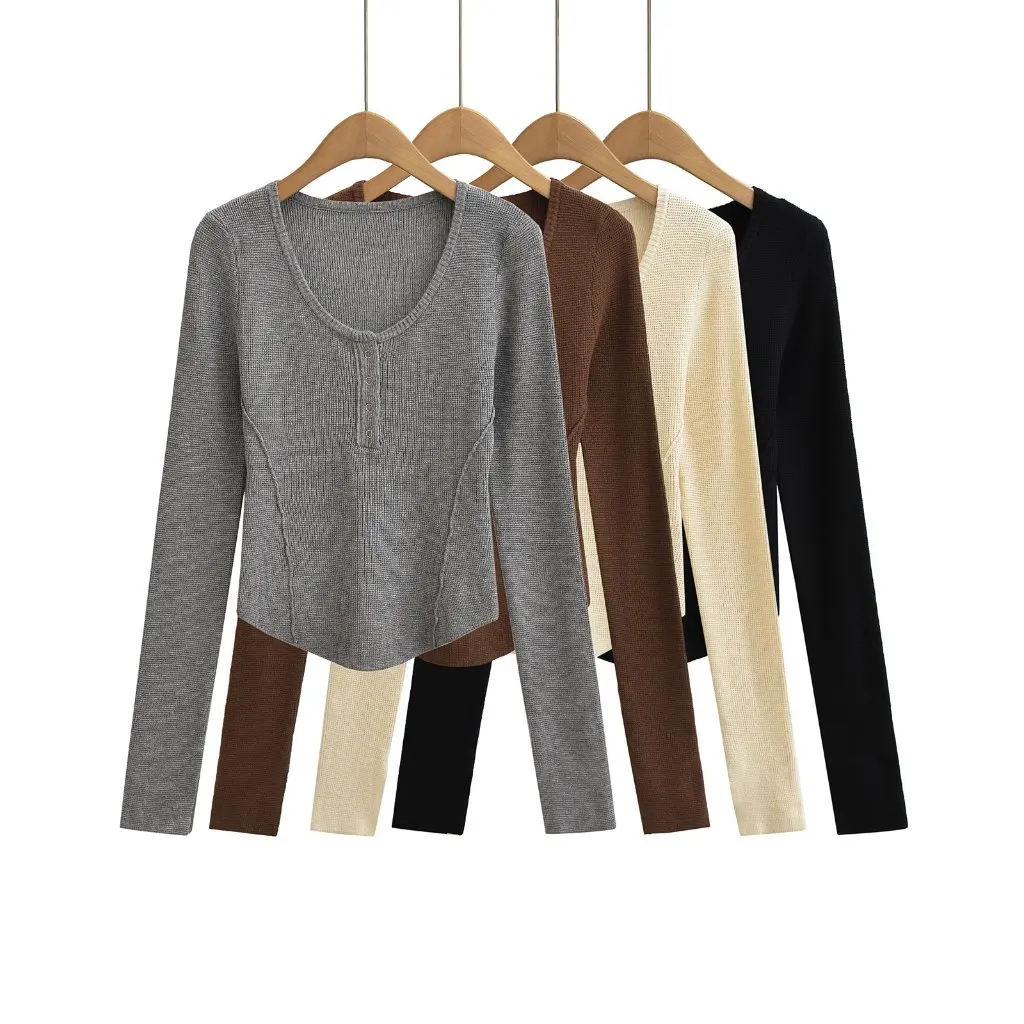 

Women's Slim Fit V-Neck Split Long Sleeve Pullover Sweater Top Spring Bottoming Shirt for Slimming Effect