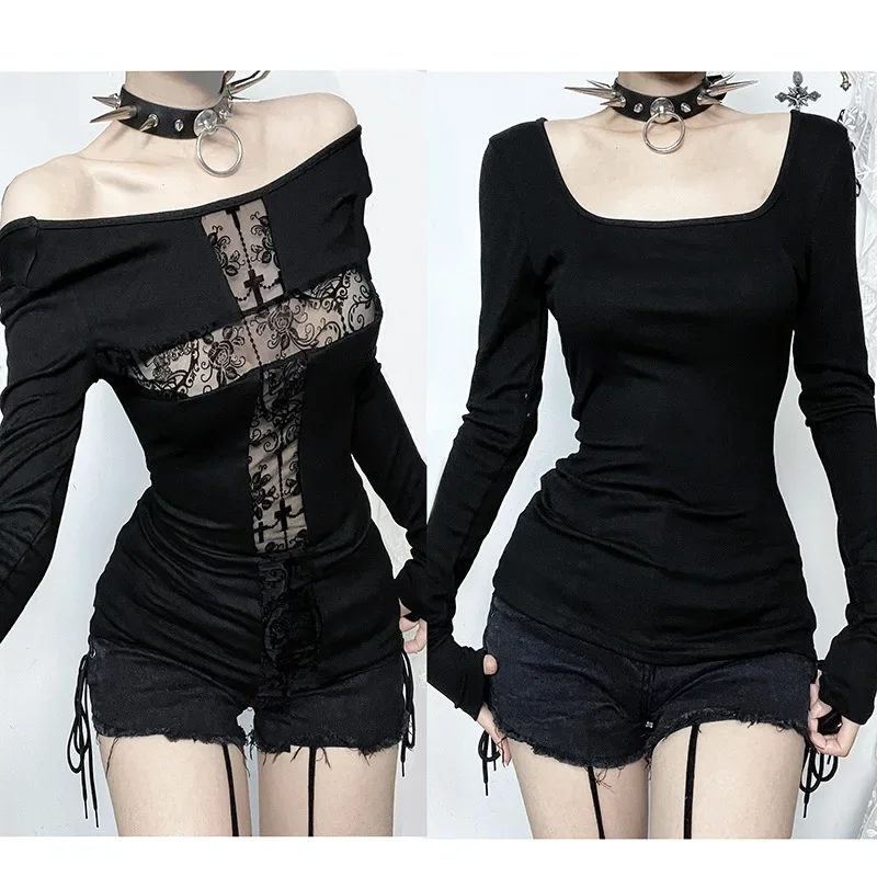 ISAROSE Autumn Lace Tees for Women Gothic Sexy Large See-through Cross Stretch Slash Neck Long Sleeves Multiple Wearing Tops