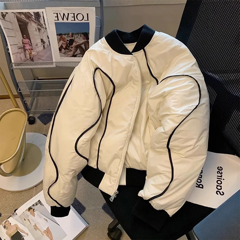 Women's White Parka Jacket Coat 90s Vintage Thicken Warm Baseball Jacket Long Sleeve Overcoat Harajuku Padded Jacket Winter 2025