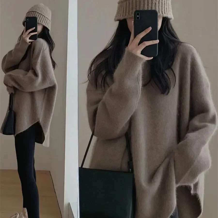 Solid Color Pullover Knitted Sweater Cashmere 2024 Autumn Winter New Women's Thickened Soft Waxy Loose Lazy Style