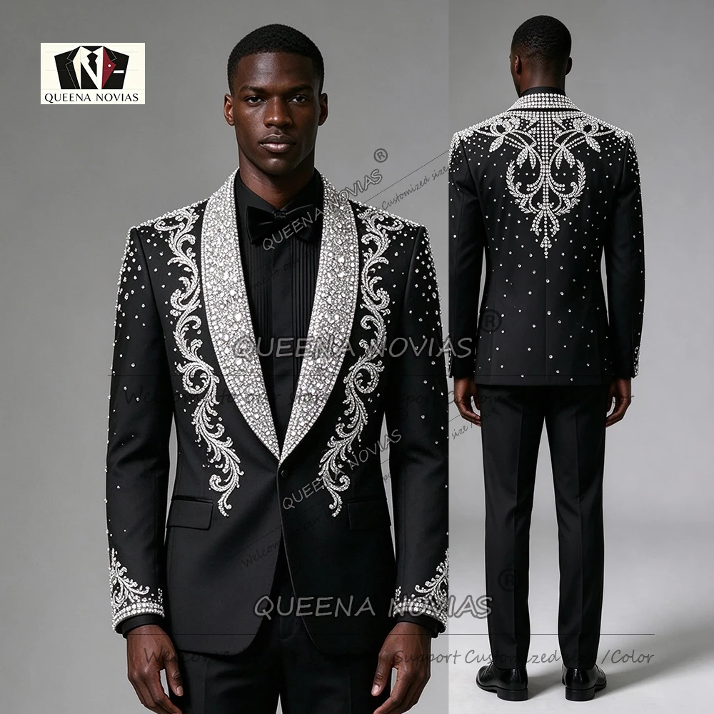 Sparkly Men Suit Set Hand Work Rhinestone Crystals Slim Fit Groom Tuxedos 2 Pieces Man Party Prom Blazers Customized Ropa Hombre