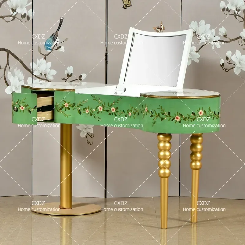 American Retro Hand Painted Flower Bird Green Dresser with Drawers Gold Base Bedroom Makeup Table with Mirror Household