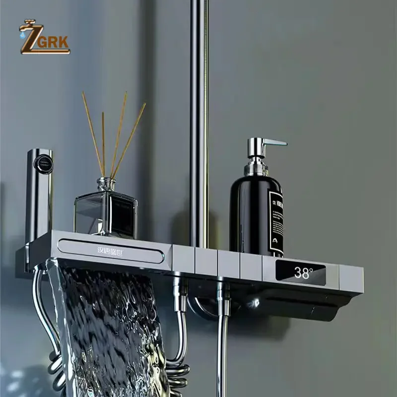 Grey Digital Shower Set Intelligent Brass Bathroom Faucets Hot Cold Waterfall Tap Rainfall Piano Design Shower System