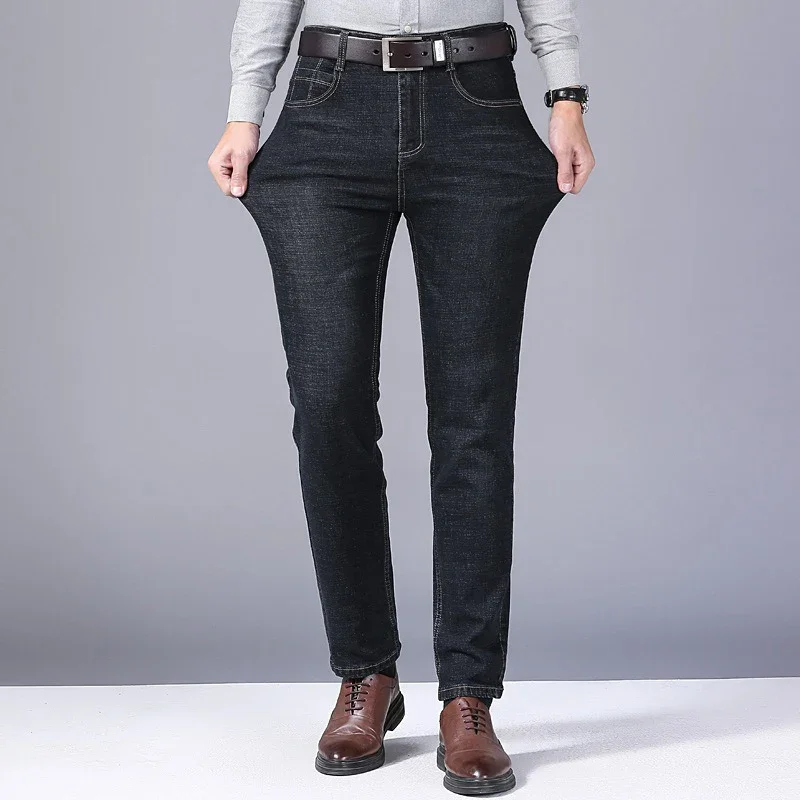 2025 새로운 스트레치 청바지 남성 일반 클래식 비즈니스 슬림 바지 블랙 블루 스트레이트 남성 브랜드 의류 바지 28-40