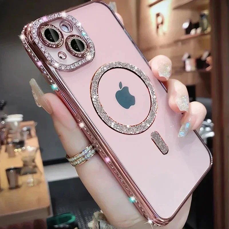 Funda de teléfono Magsafe con película de lente de cristal ostentoso para iPhone 16 16e 15 12 13 14 Pro Max Plus, cubierta transparente de carga inalámbrica magnética
