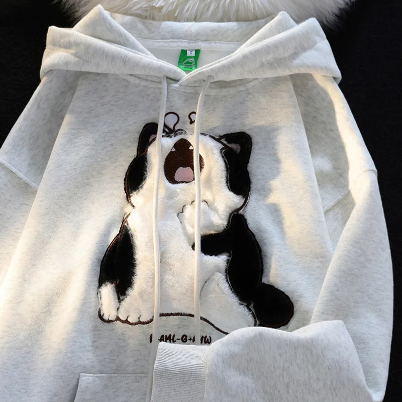 Autumn Winter New Cartoon Flocking Sleeping Cat Hooded Sweatshirt For Men And Women Street Cute Loose Couple Thicken Hoodies