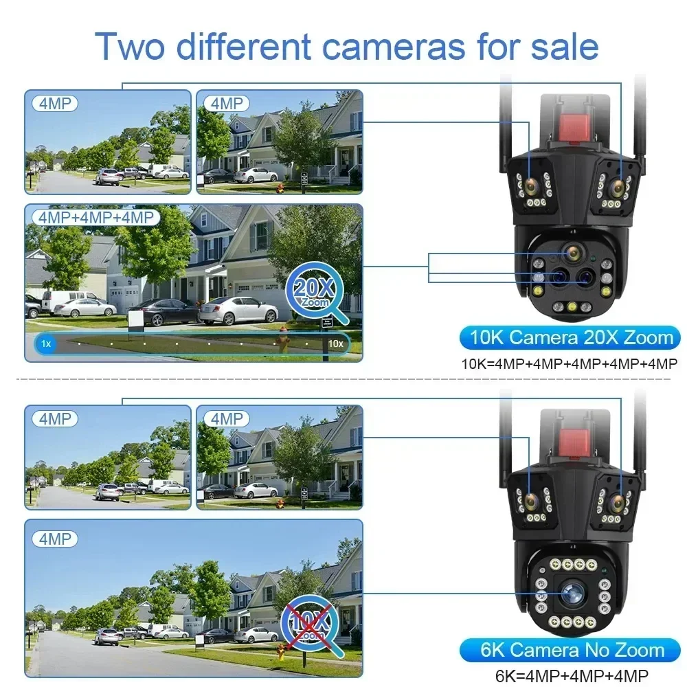 10K UHD-20X Optical Zoom Outdoor Wifi Surveillance Camera 6K Waterproof AI Automatic Tracking PTZ Five-lens Three-screen IP CCTV