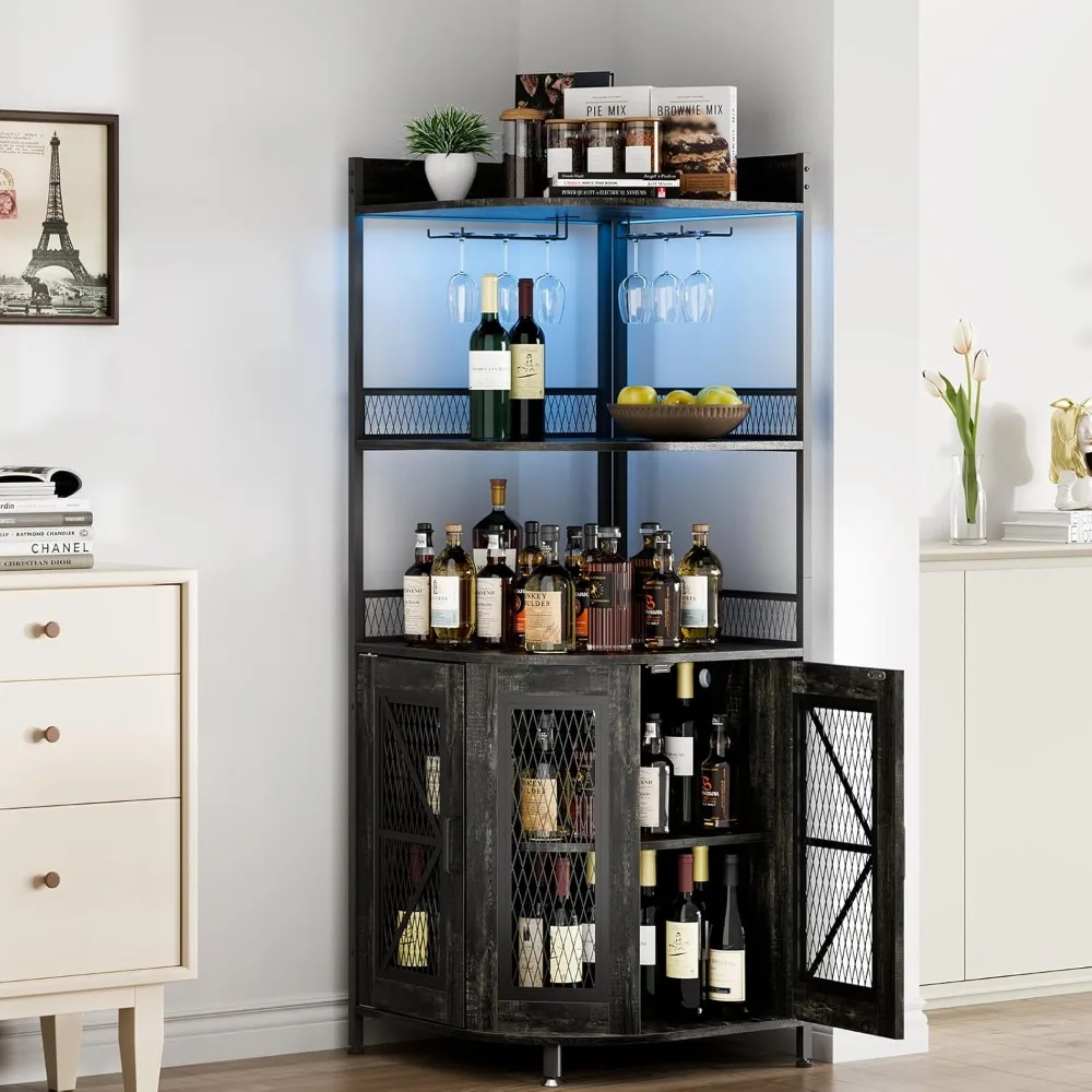 

Modern Corner Bar Cabinet with Power Outlet, 5-Tiers Wine Cabinet with LED Light and Glass Holder,64'' Tall Home Liquor Cabinet