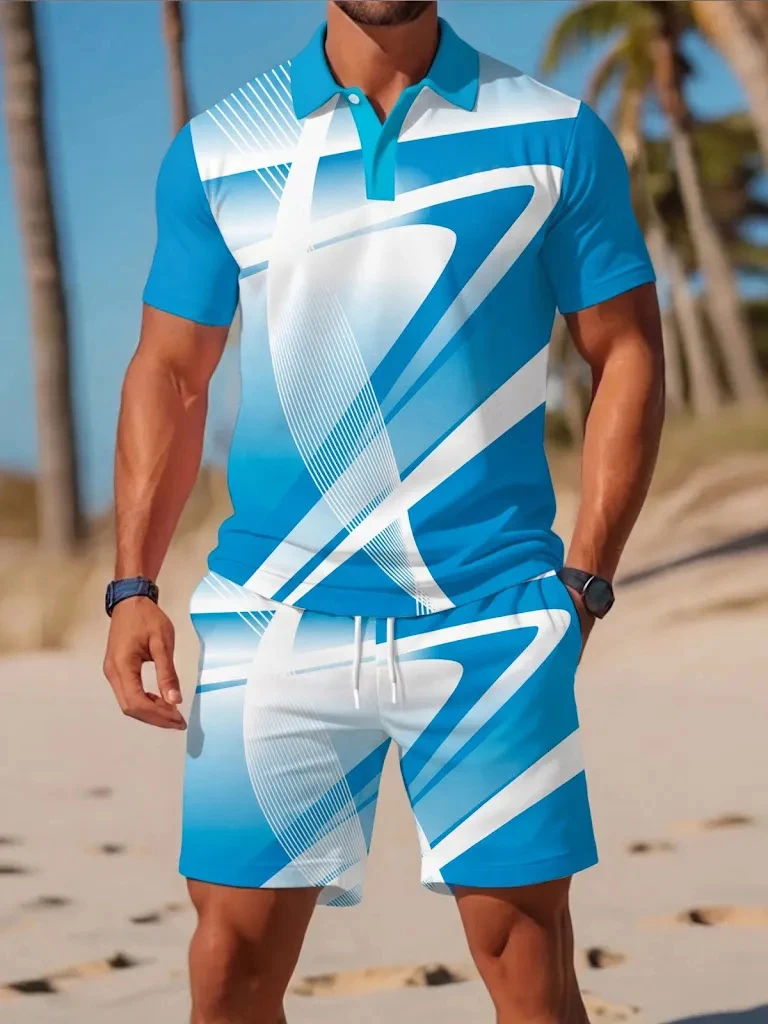Men's Summer Tee Set Fashion Button Polo Shirt and Shorts 2 Piece Outdoor Ride Sports Outfit Casual Breathable Short Sleeve Suit