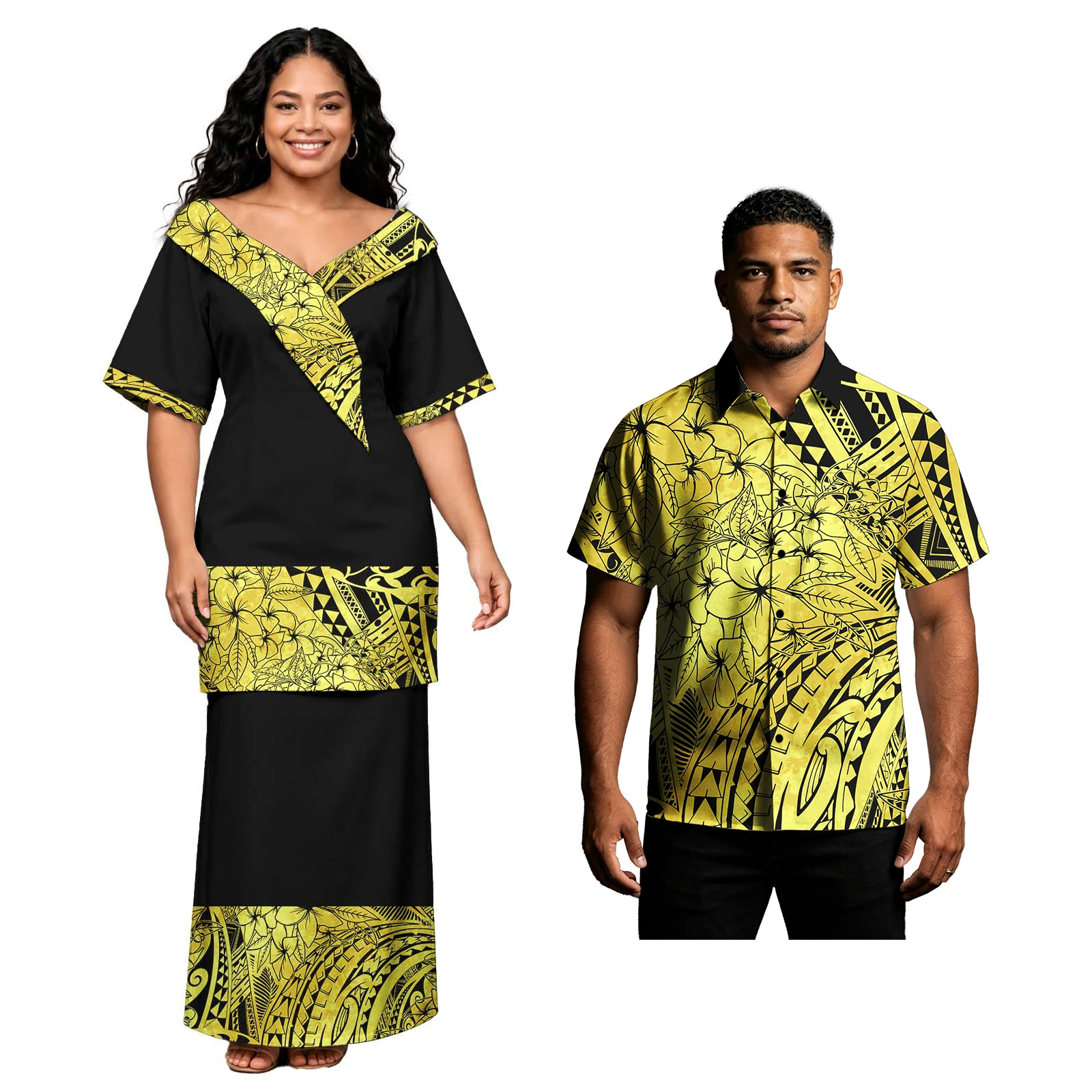 Conjuntos de Pareja con Estampado Tropical Hawaiano para Fiestas, Camisas de Botones Polinesias para Hombre, Diseño Tribal para Mujer, Puletasi Samoano para Iglesia