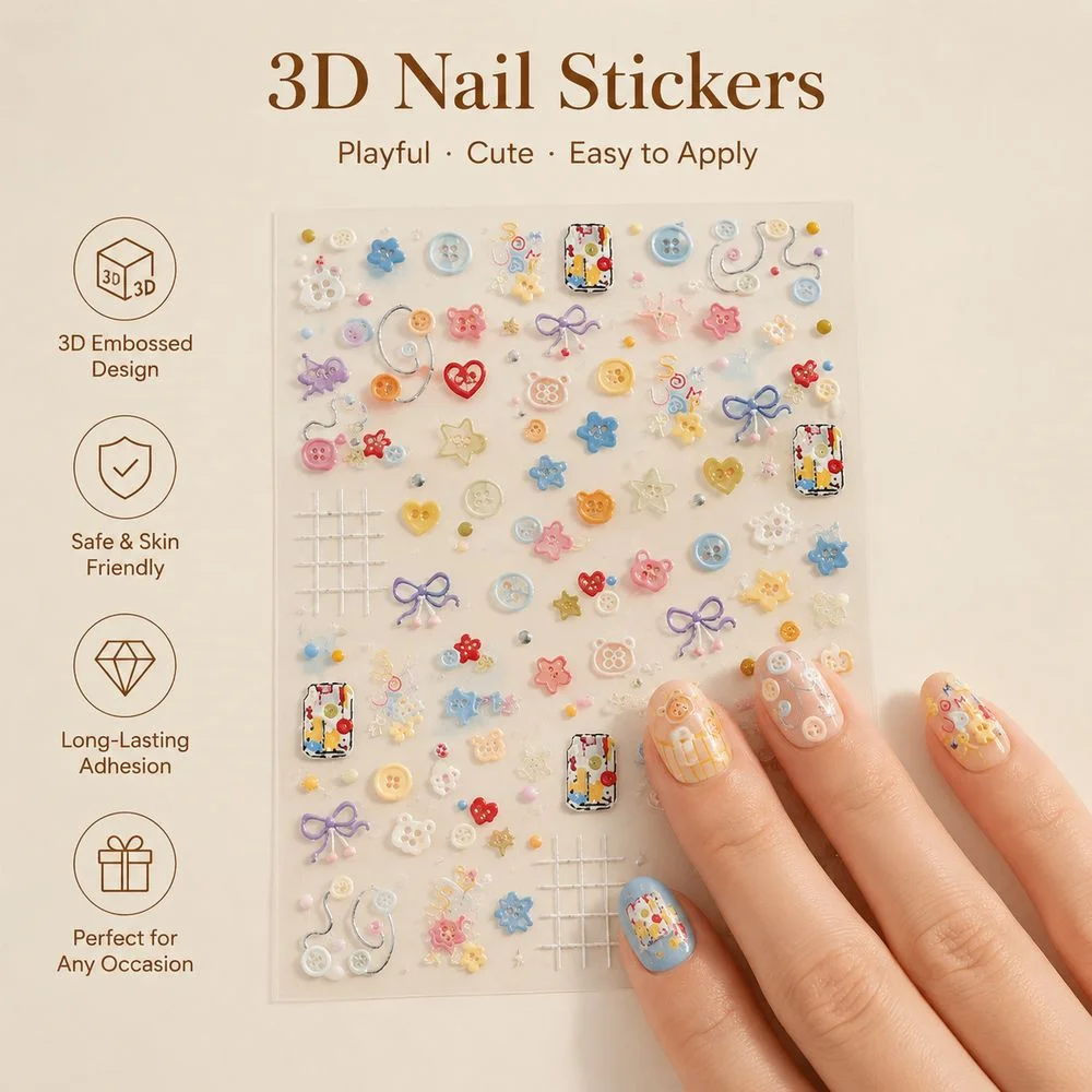 1Pc 5D Self‑Adhesive Embossed Button Nail Stickers Cute Cartoon Sewing Grid Bow Flower Decals Sweet DIY Nail Art Decor Supplies