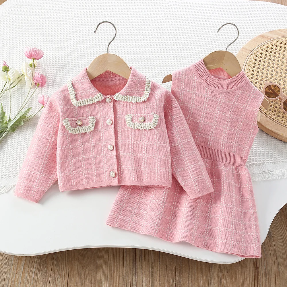 

Girls Dresses Clothes Sets Autumn Winter Children Woolen Jersey Sweaters Coats Vest Dress Kids Princess Suit For Baby Outfits 6Y
