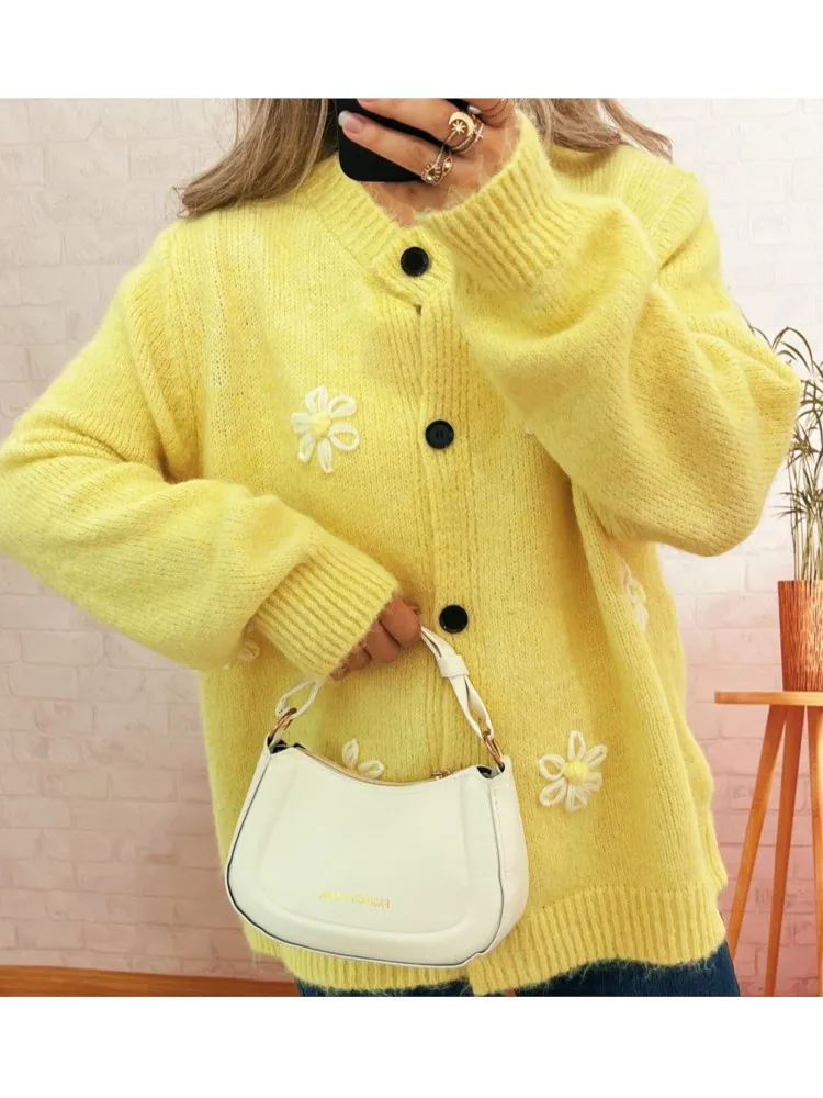 여성용 새로운 스티치 플라워 니트 카디건 탑 가을, 겨울 라운드 넥 게으른 스타일 시크 캐주얼 루즈 긴팔 스웨터