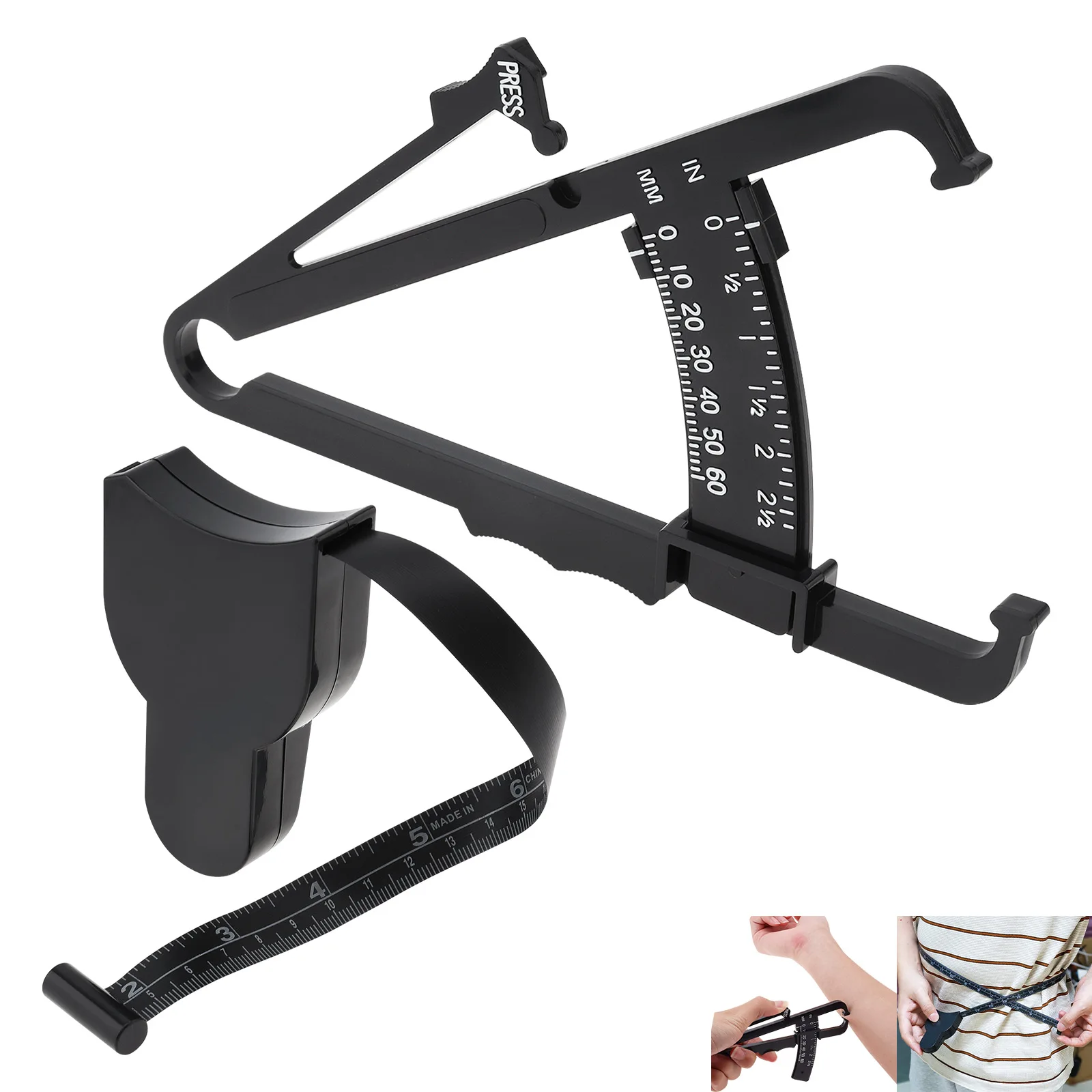 

2pcs Black Portable Body Fat Caliper Body Measuring Tape, Skinfold Calipers and Body Fat Tape Measure Tool Set