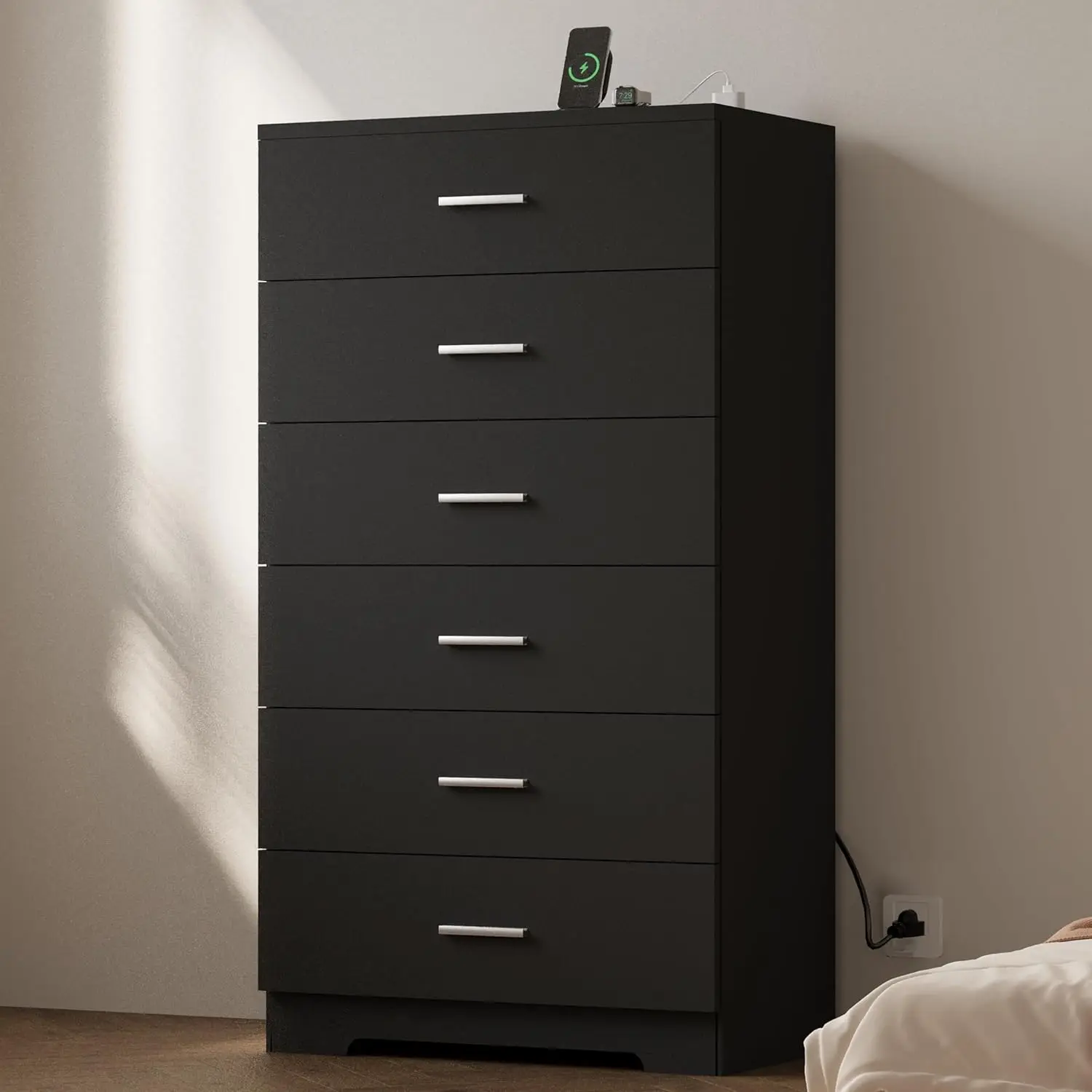 Black Wood Dresser with Power Outlets and Large Storage for Bedroom, Living Room, and Hallway