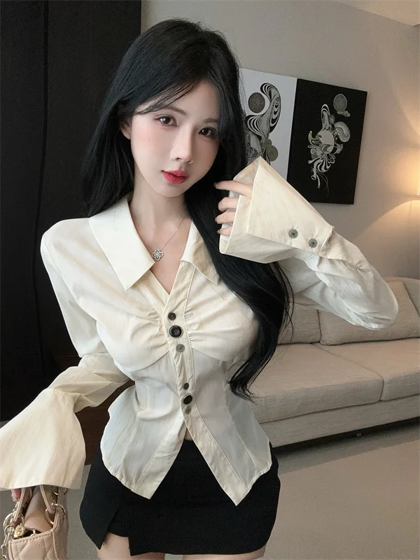 เสื้อเชิ้ตแขนยาวผู้หญิง ผ้าซาตินลายจุด ติดกระดุม สไตล์หวานละมุนแบบฝรั่งเศสย้อนยุค สำหรับวัยรุ่น ฤดูใบไม้ร่วง เสื้อผ้าสำหรับใส่ทำงาน